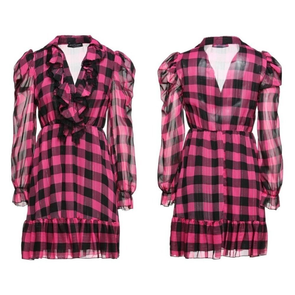 Vanessa Scott pink ruffle tunic dress tartan print long sleeves dress size L